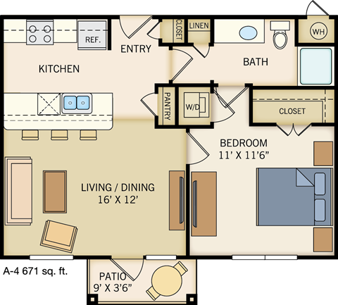 A-4 Floor Plan at Legacy Creekside Apartments, San Antonio, TX, 78251
